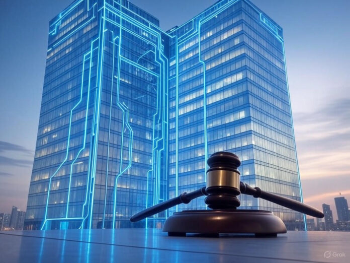 Ilustração profissional de negócios mostrando dois prédios corporativos se fundindo com padrões de circuitos de IA e fluxos de dados conectando-os, com um grande martelo ou balança da justiça em primeiro plano representando supervisão regulatória, estilo de arte corporativa moderna, esquema de cores azul e cinza.