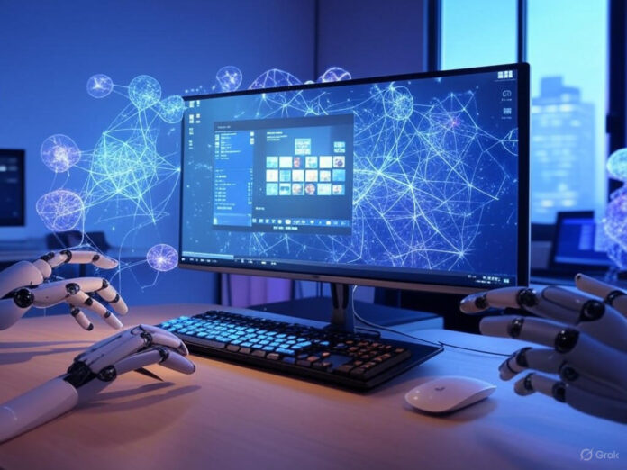 Ambiente moderno de escritório de startup de tecnologia, com um grande monitor de computador exibindo a interface de desktop do Windows, visualizações de redes neurais de IA flutuando ao redor da tela, mãos robóticas alcançando o teclado e o mouse, iluminação futurista em tons de azul e roxo, atmosfera de empresa de tecnologia, conceito de transformação digital, composição centralizada.
