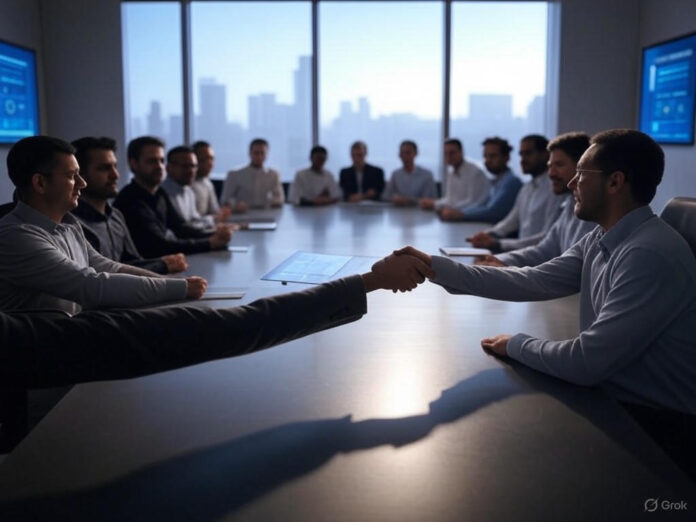 Sala de reunião moderna de escritório com diversos profissionais de tecnologia ao redor de uma mesa de conferência, telas digitais exibindo interfaces de codificação de IA e logotipos de empresas, iluminação dramática contrastando esperança e incerteza, aperto de mãos empresarial em primeiro plano, atmosfera de aquisição de startup, estilo de fotografia profissional.
