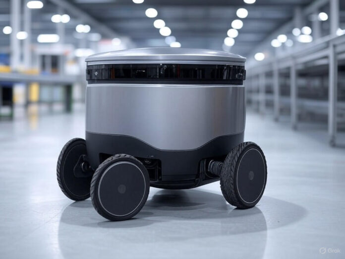 Robô de entrega autônomo moderno em um cenário de armazém industrial, dispositivo robótico elegante com quatro rodas transportando materiais industriais, ambiente de fábrica futurista com esteiras transportadoras e máquinas ao fundo, espaço industrial limpo e organizado com boa iluminação, estilo de fotografia profissional, composição centralizada.