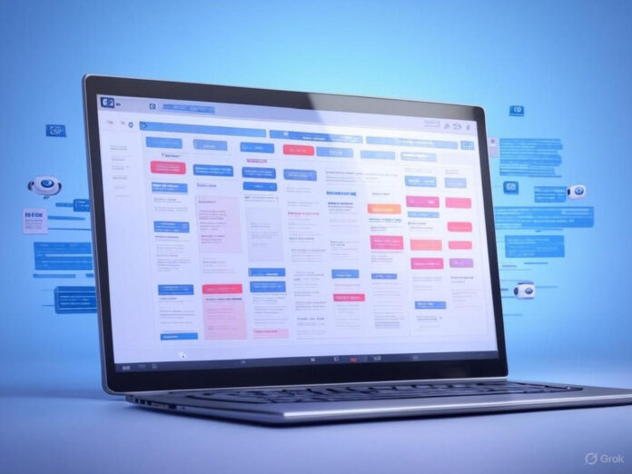 Uma ilustração moderna de um navegador de internet com elementos de IA, como ícones de robôs e linhas de código flutuantes, centralizado em um fundo azul tecnológico. O navegador está aberto, mostrando uma interface limpa com atalhos e prompts destacados em cores vibrantes.