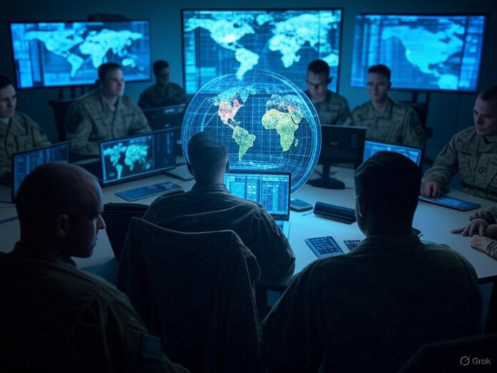 Uma imagem futurista de um centro de comando militar com telas digitais exibindo mapas e gráficos de logística, enquanto soldados e oficiais interagem com um software avançado em laptops. O ambiente deve transmitir tecnologia de ponta e eficiência operacional, com tons de azul e verde escuro para um visual profissional.