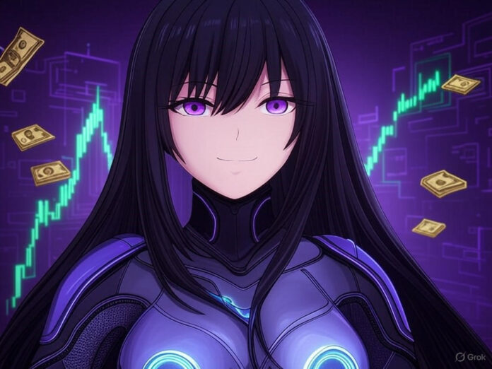 Uma ilustração futurista de um assistente de IA com traços de anime gótico, cercado por gráficos de crescimento e ícones de dinheiro, representando o sucesso financeiro do Grok 4. Fundo tecnológico com tons de roxo e preto.