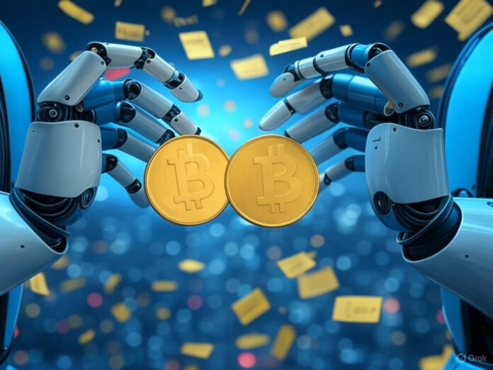 Uma ilustração futurista de duas mãos robóticas segurando medalhas de ouro, com fórmulas matemáticas flutuando ao fundo, representando a competição entre a IA da OpenAI e o Google DeepMind na Olimpíada Internacional de Matemática. O cenário é em tons de azul e dourado, com destaque para os símbolos de tecnologia e matemática.