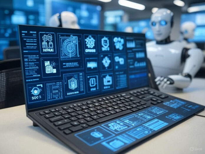 Uma imagem futurista representando a automação de conformidade regulatória por IA, com robôs virtuais trabalhando em documentos digitais e gráficos de crescimento exponencial ao fundo. O foco central é um painel de controle moderno com ícones de frameworks como HIPAA, GDPR e SOC 2, simbolizando a integração de múltiplas regulamentações.