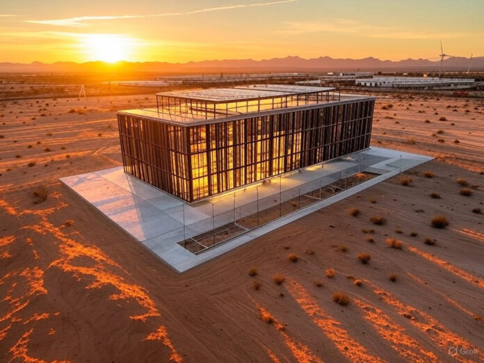 Um centro de dados futurista em construção em uma paisagem desértica, com painéis solares e turbinas eólicas ao fundo, simbolizando os enormes requisitos energéticos do projeto. A cena é iluminada por um pôr do sol dourado, destacando a escala e a ambição da parceria entre OpenAI e Oracle.