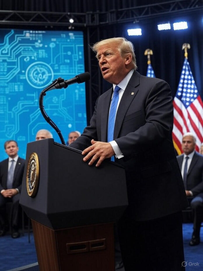 Foto profissional de Donald Trump em um pódio fazendo um discurso sobre política de IA, com bandeiras americanas ao fundo e símbolos da indústria tecnológica como placas de circuito e gráficos de redes neurais sutilmente integrados à cena, ambiente moderno de conferência com executivos do Vale do Silício na plateia, iluminação de alta qualidade, atmosfera de evento governamental oficial