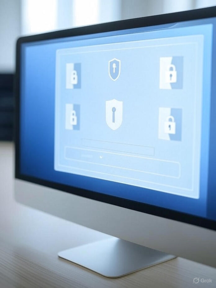 Uma interface elegante e moderna de assistente de IA em uma tela de computador com ícones de escudo de privacidade, símbolos de cadeado e elementos de criptografia flutuando ao redor, datacenter suíço/europeu ao fundo, esquema de cores azul e branco representando segurança e confiança, estilo de ilustração tecnológica profissional, composição centralizada