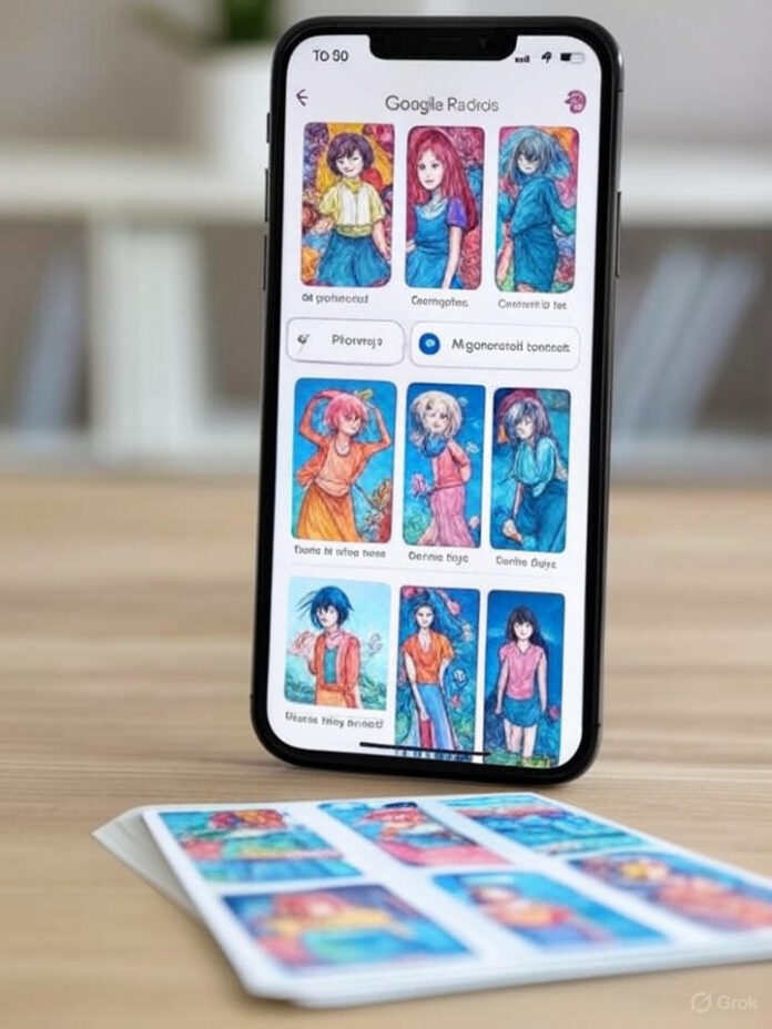 Uma tela de smartphone mostrando a interface do aplicativo Google Fotos com a nova aba 'Criar' destacada, exibindo opções de conteúdo gerado por IA como conversão de foto para vídeo e remixes de estilo artístico, com fotos animadas coloridas se transformando em diferentes estilos artísticos como anime e esboços, design de interface moderno e limpo, cores vibrantes, composição centralizada