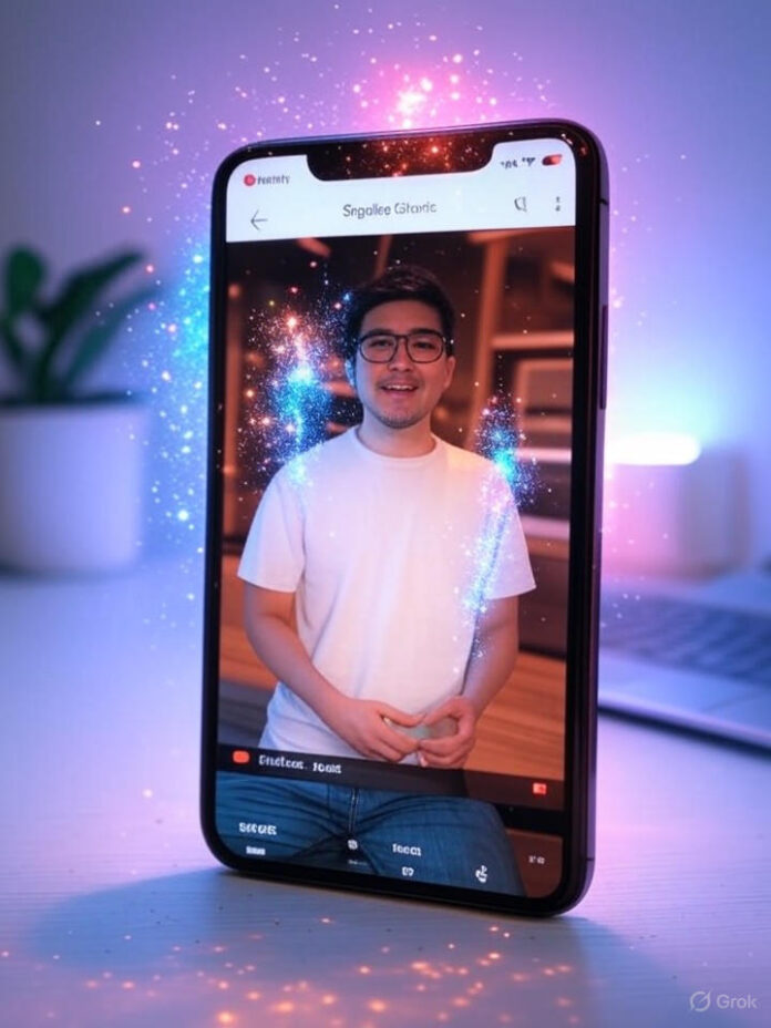 Um smartphone moderno exibindo a interface do YouTube Shorts com ferramentas de criação de vídeo alimentadas por IA, mostrando uma foto sendo transformada em um vídeo curto com brilhos mágicos e efeitos de IA ao redor, composição centralizada, cores vibrantes, tema de tecnologia e criatividade