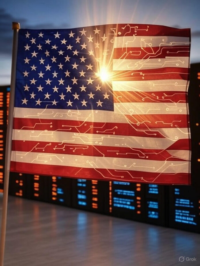 Uma ilustração digital moderna mostrando a bandeira americana fundida com padrões de circuitos de IA e silhuetas de data centers ao fundo, com raios de luz dourada emanando do centro, representando o Plano de Ação de IA de Trump e o avanço tecnológico da América, estilo profissional e patriótico