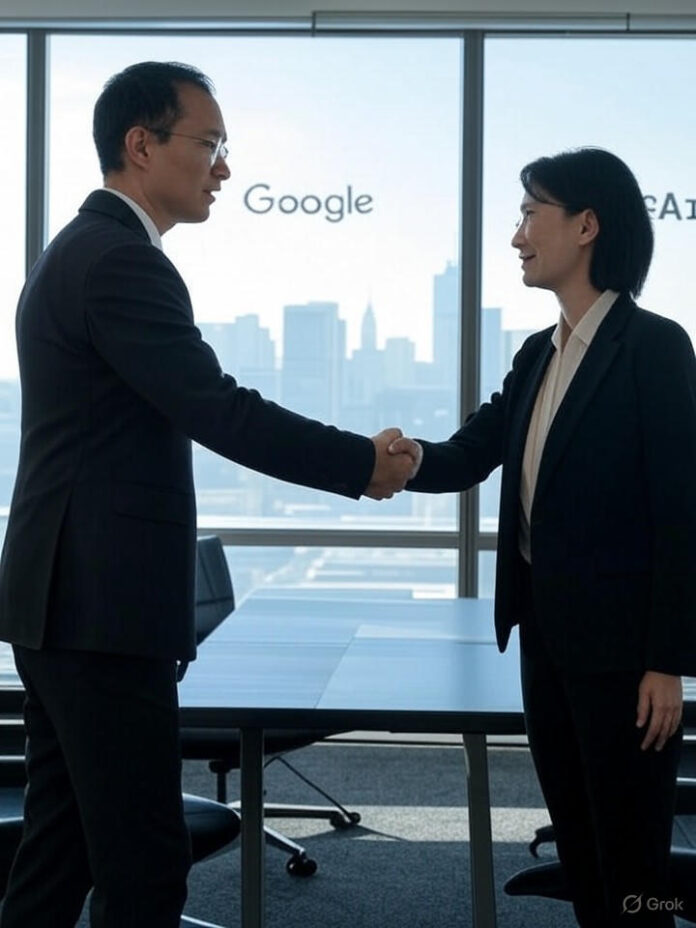 Aperto de mão profissional entre dois executivos corporativos em ambiente de escritório moderno, com logotipos do Google e OpenAI sutilmente visíveis ao fundo, representando parceria entre gigantes da tecnologia, sala de reuniões corporativa com grandes janelas e skyline da cidade, composição centralizada, estilo de fotografia empresarial