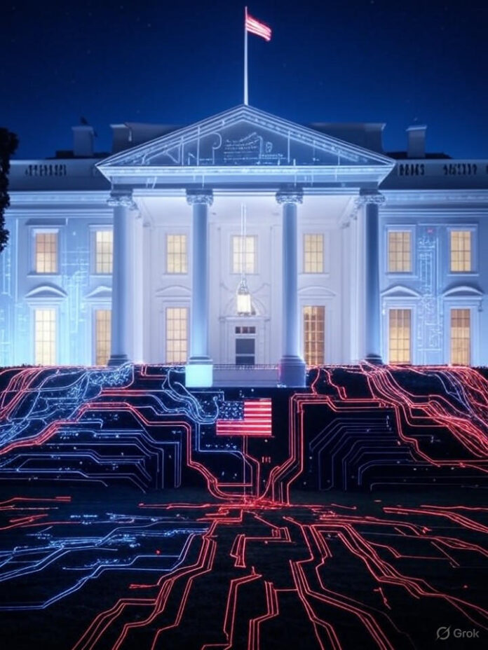 Ilustração profissional mostrando o edifício da Casa Branca no centro com padrões de circuitos digitais de IA e código fluindo ao redor, com elementos da bandeira americana, representando política governamental de IA e regulamentação tecnológica, estilo corporativo limpo, esquema de cores azul e vermelho