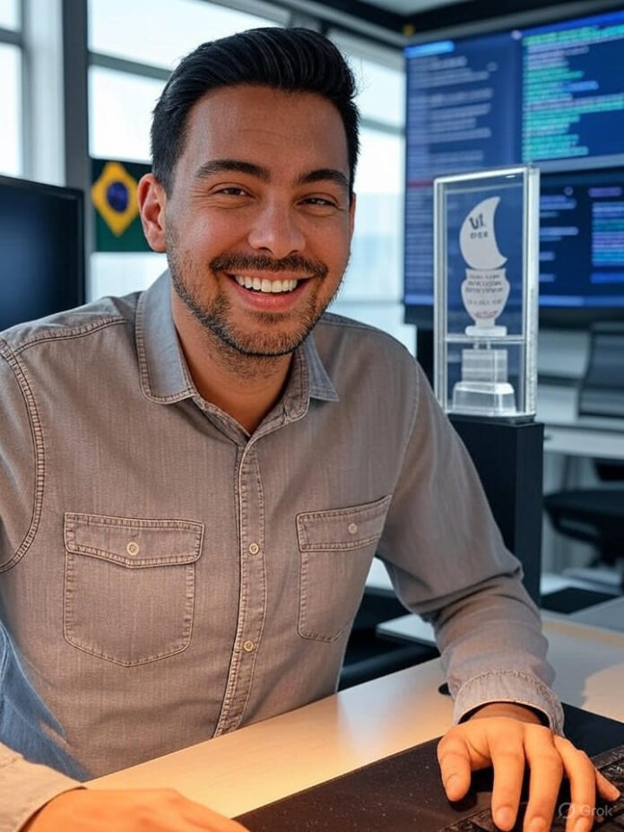 Engenheiro de software brasileiro comemorando vitória na estação de trabalho do computador com interface de codificação, troféu de desafio de programação de IA, bandeira brasileira ao fundo, ambiente de escritório de tecnologia moderno, telas digitais mostrando código e algoritmos, iluminação profissional, estilo de fotografia realista
