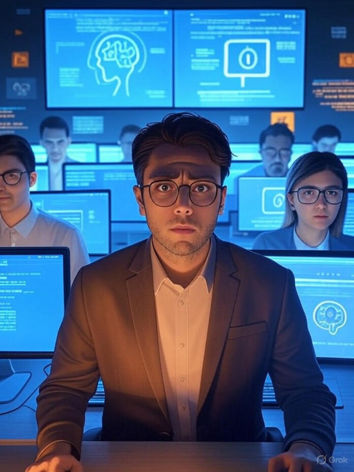 Uma ilustração digital mostrando uma tela de computador com relatórios falsos de vulnerabilidades de segurança fluindo de um ícone de cérebro de IA, enquanto especialistas em cibersegurança parecem confusos olhando para seus monitores. A cena deve ter um esquema de cores escuro e focado em tecnologia com destaques em azul e laranja, representando o desafio de distinguir relatórios reais de relatórios de segurança gerados por IA. Inclua elementos como trechos de código, símbolos de aviso e ícones de bugs espalhados pela composição.