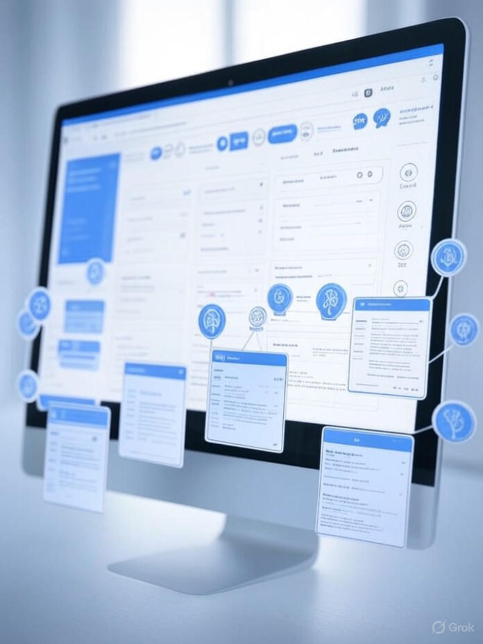 Uma tela de computador moderna exibindo resultados de pesquisa do Google organizados em diferentes seções e categorias coloridas, com ícones de cérebro de IA e páginas web interconectadas flutuando ao redor, representando inteligência artificial organizando informações de pesquisa, estética tecnológica limpa com cores azul e branco, composição centralizada