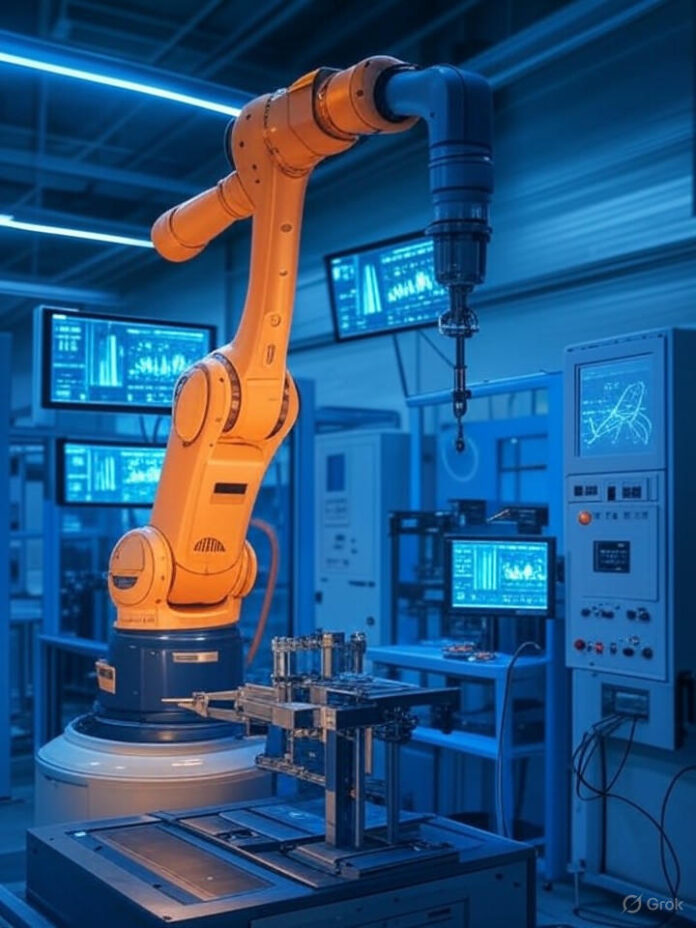 Instalação industrial moderna com integração de tecnologia de IA, apresentando sobreposições de rede neural digital em equipamentos de fabricação, sistemas robóticos e painéis de controle com telas de visualização de dados em tempo real, esquema de cores azul e laranja representando tecnologia e indústria, estilo de fotografia profissional