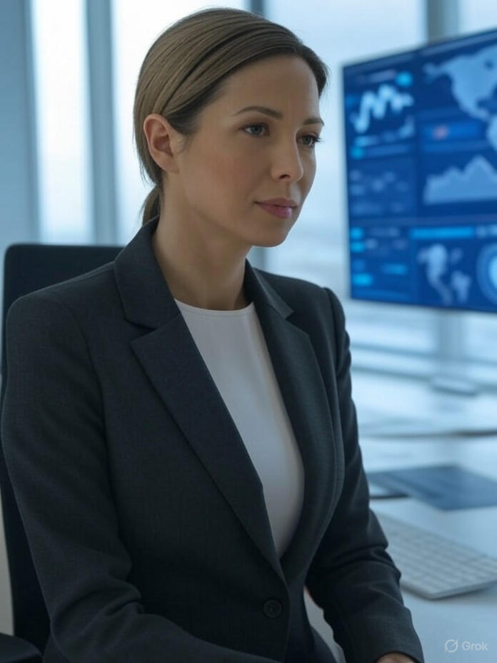 Empresária profissional Lauren Kolodny em um ambiente de escritório moderno, com telas digitais mostrando gráficos financeiros e interfaces de tecnologia de IA ao fundo, representando investimento em fintech e inovação em inteligência artificial, estilo de fotografia corporativa, composição centralizada