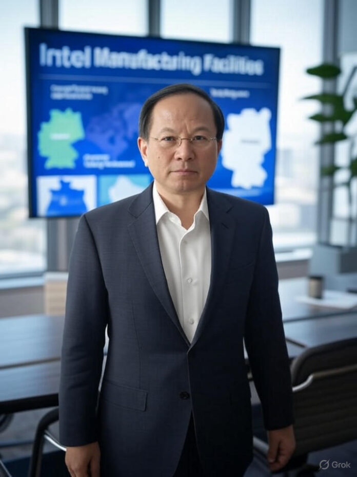 Sala de reunião empresarial profissional com o CEO da Intel Lip-Bu Tan em pé diante de uma tela de apresentação mostrando instalações de fabricação globais e localizações de fábricas sendo riscadas, com mapas da Alemanha, Polônia e Ohio visíveis, tema de reestruturação corporativa, ambiente de escritório moderno, atmosfera profissional de negócios, composição centralizada